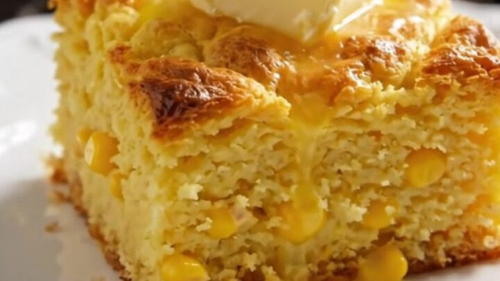 A close-up of a golden, spoon-tender corn casserole in a ceramic slow cooker with a pat of butter melting on top.