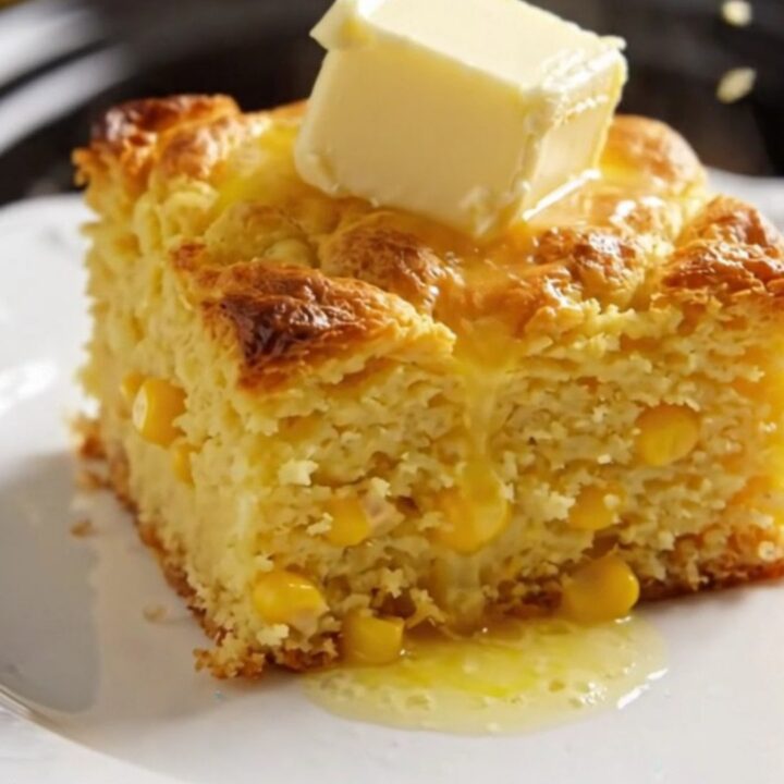 A close-up of a golden, spoon-tender corn casserole in a ceramic slow cooker with a pat of butter melting on top.