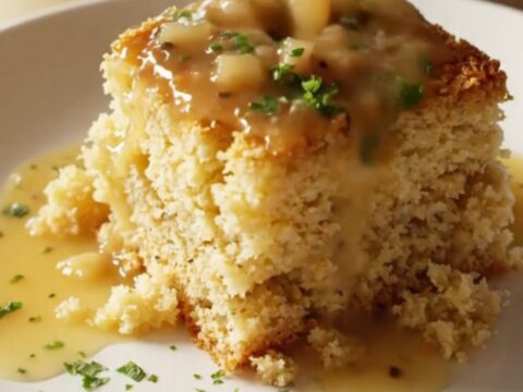 A close-up of a generous scoop of golden, moist Southern cornbread dressing in a cream stoneware Crockpot.