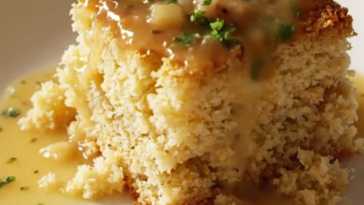 A close-up of a generous scoop of golden, moist Southern cornbread dressing in a cream stoneware Crockpot.