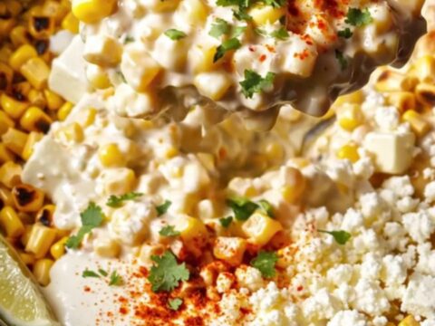 A steaming scoop of creamy Mexican street corn casserole topped with cotija cheese and fresh cilantro.