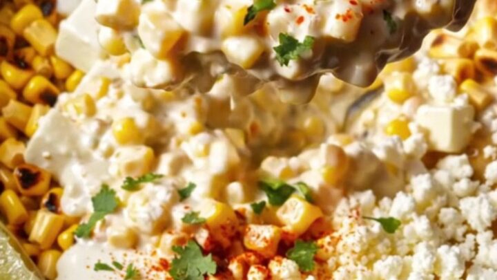A steaming scoop of creamy Mexican street corn casserole topped with cotija cheese and fresh cilantro.
