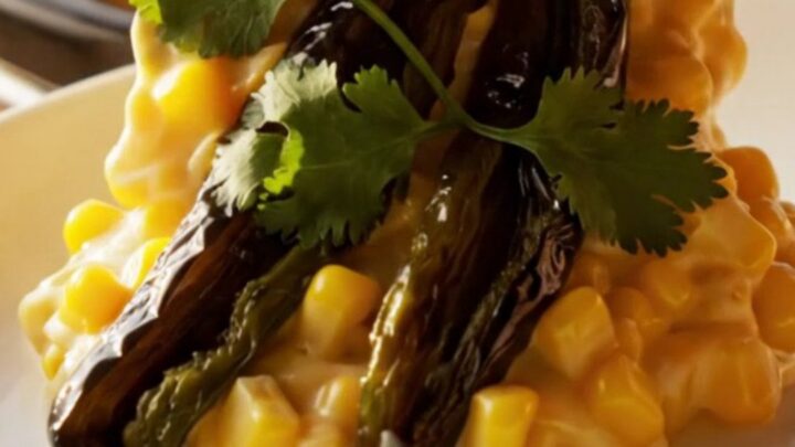A golden, bubbling roasted poblano and white cheddar corn pudding in a copper Crockpot.