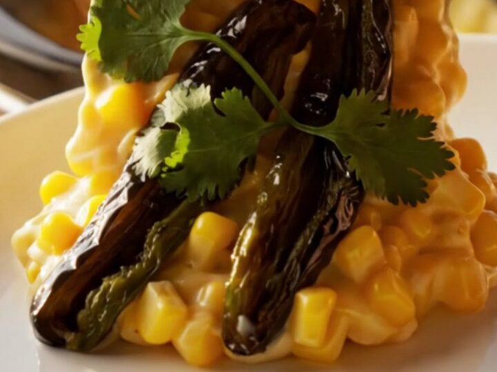 A golden, bubbling roasted poblano and white cheddar corn pudding in a copper Crockpot.