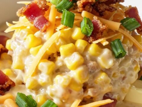 A steaming bowl of creamy crack corn topped with shredded cheddar, crispy bacon, and chopped green onions.