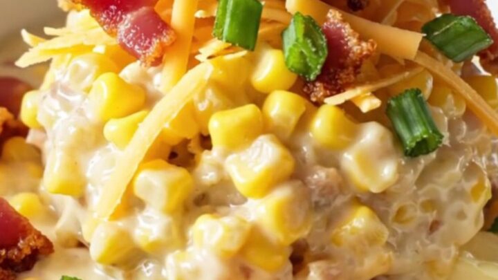 A steaming bowl of creamy crack corn topped with shredded cheddar, crispy bacon, and chopped green onions.