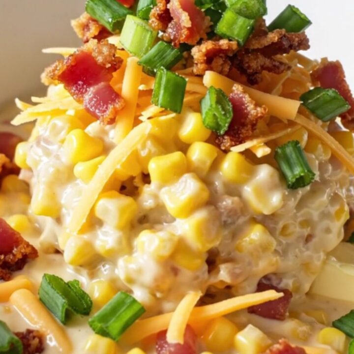 A steaming bowl of creamy crack corn topped with shredded cheddar, crispy bacon, and chopped green onions.