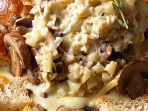 A close-up of a spoonful of creamy mushroom and Gruyère bread pudding being lifted from a black slow cooker.