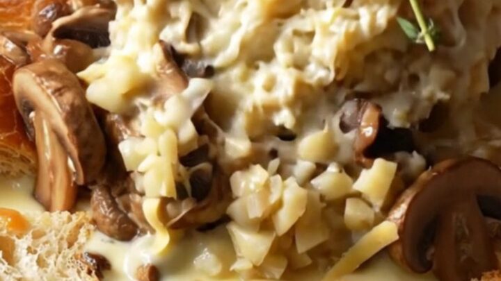 A close-up of a spoonful of creamy mushroom and Gruyère bread pudding being lifted from a black slow cooker.