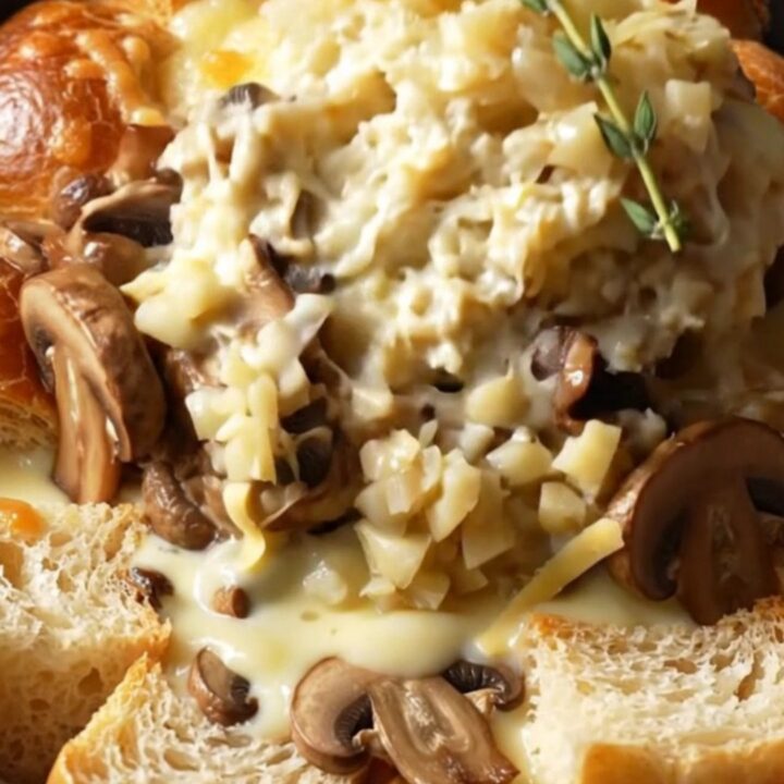 A close-up of a spoonful of creamy mushroom and Gruyère bread pudding being lifted from a black slow cooker.