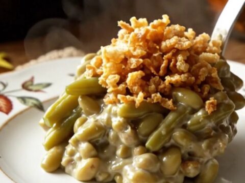 A creamy, steaming green bean casserole in a white ceramic slow cooker topped with crispy golden fried onions.