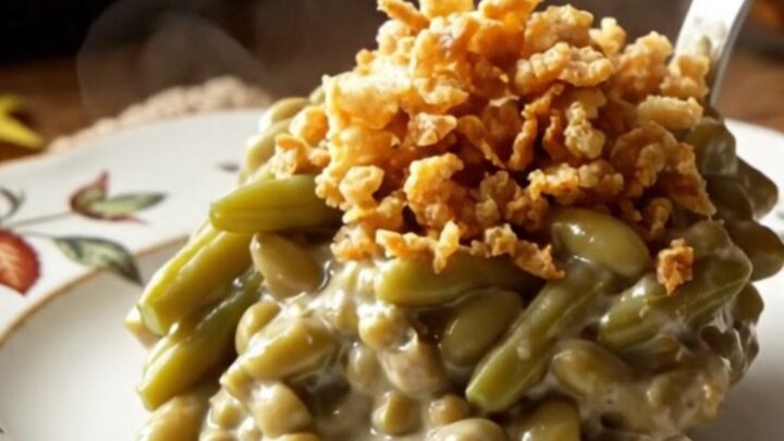 A creamy, steaming green bean casserole in a white ceramic slow cooker topped with crispy golden fried onions.