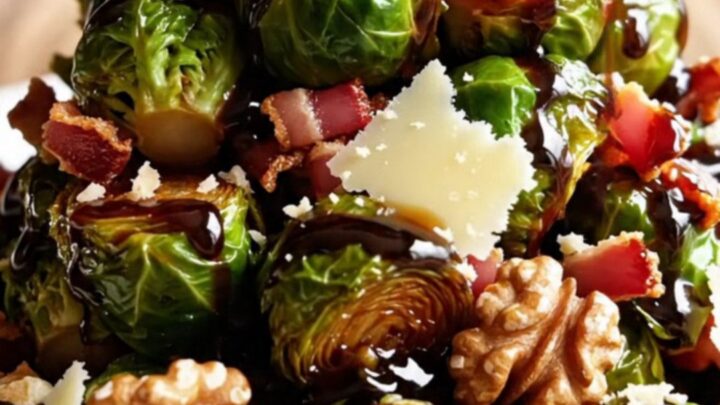 A copper slow cooker filled with caramelized balsamic Brussels sprouts topped with walnuts and parmesan.