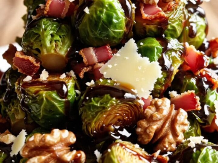 A copper slow cooker filled with caramelized balsamic Brussels sprouts topped with walnuts and parmesan.