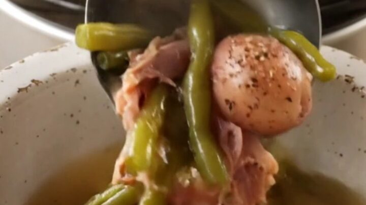 A rustic stoneware bowl filled with tender green beans, baby red potatoes, and shredded smoked ham in a savory broth.