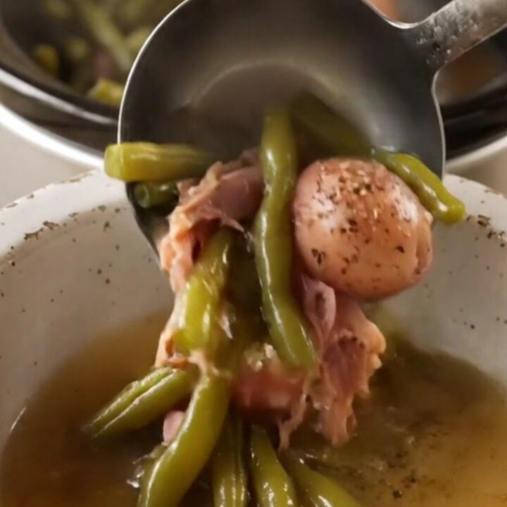 A rustic stoneware bowl filled with tender green beans, baby red potatoes, and shredded smoked ham in a savory broth.