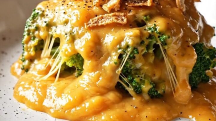 A close-up of a serving of smoked Gouda and broccoli gratin in a bowl, topped with crispy fried onions.