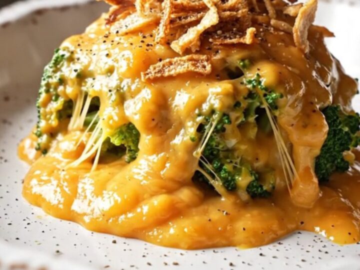 A close-up of a serving of smoked Gouda and broccoli gratin in a bowl, topped with crispy fried onions.
