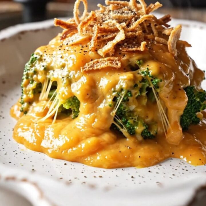 A close-up of a serving of smoked Gouda and broccoli gratin in a bowl, topped with crispy fried onions.