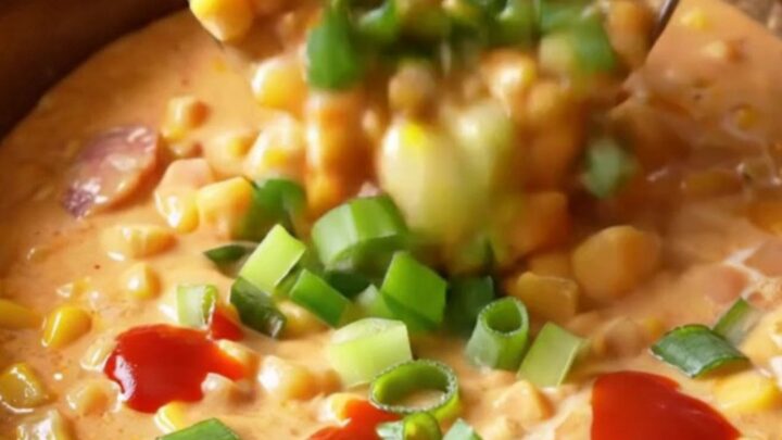 A warm, rustic bowl filled with creamy Cajun maque choux, featuring bright corn kernels, bits of sausage, and peppers.