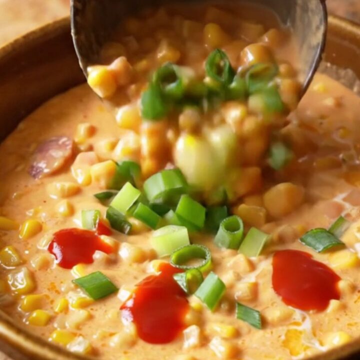 A warm, rustic bowl filled with creamy Cajun maque choux, featuring bright corn kernels, bits of sausage, and peppers.