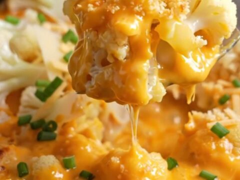 A close-up shot of a bubbling Crockpot cauliflower au gratin with a dramatic cheese pull, showing melted Gruyère and cheddar.
