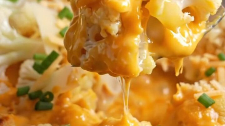 A close-up shot of a bubbling Crockpot cauliflower au gratin with a dramatic cheese pull, showing melted Gruyère and cheddar.