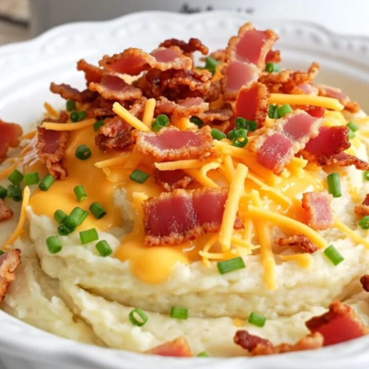 A close-up of a ceramic slow cooker filled with creamy, whipped cauliflower mash topped with melted cheddar, bacon