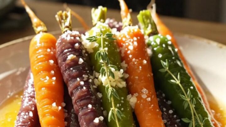 A close-up view of glazed honey garlic rainbow carrots on a white platter, garnished with fresh thyme and sea salt.