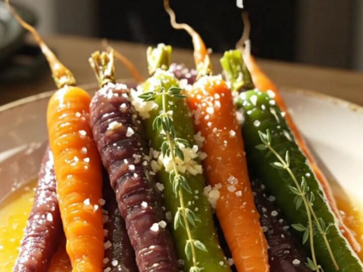A close-up view of glazed honey garlic rainbow carrots on a white platter, garnished with fresh thyme and sea salt.