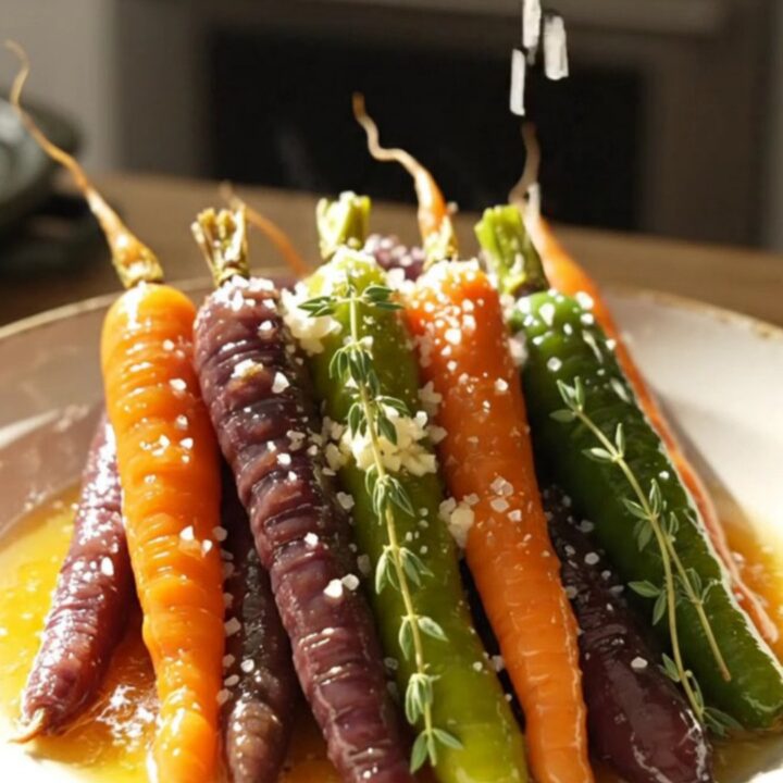 A close-up view of glazed honey garlic rainbow carrots on a white platter, garnished with fresh thyme and sea salt.