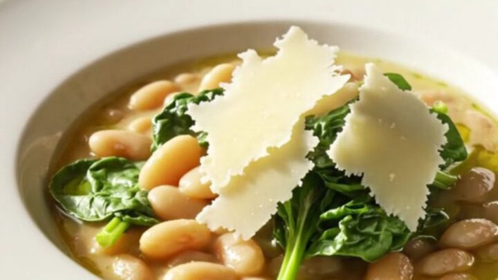 A shallow bowl filled with creamy white beans, sun-dried tomatoes, and spinach, topped with shaved parmesan and olive oil.