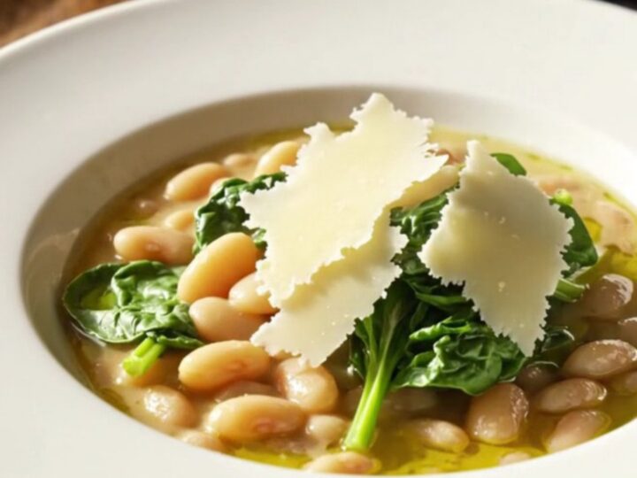 A shallow bowl filled with creamy white beans, sun-dried tomatoes, and spinach, topped with shaved parmesan and olive oil.