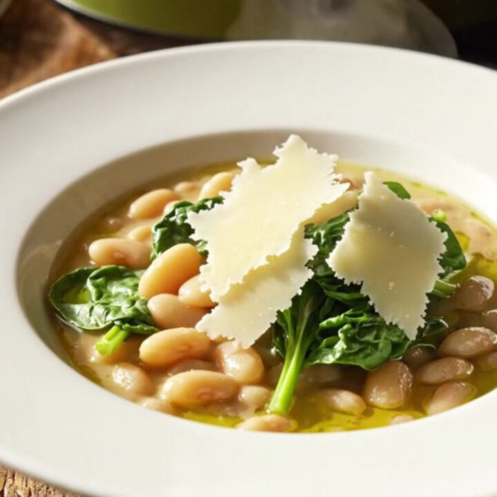 A shallow bowl filled with creamy white beans, sun-dried tomatoes, and spinach, topped with shaved parmesan and olive oil.