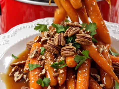 A white platter filled with glossy, amber-glazed baby carrots topped with toasted pecans and fresh parsley.
