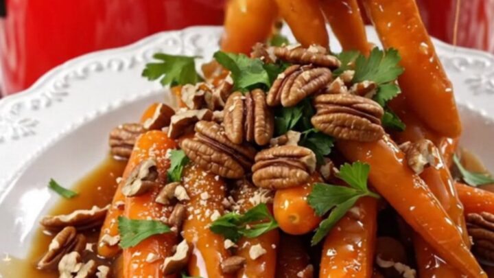 A white platter filled with glossy, amber-glazed baby carrots topped with toasted pecans and fresh parsley.