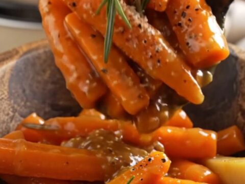 A rustic bowl filled with glossy, caramelized maple Dijon carrots and parsnips garnished with fresh rosemary.