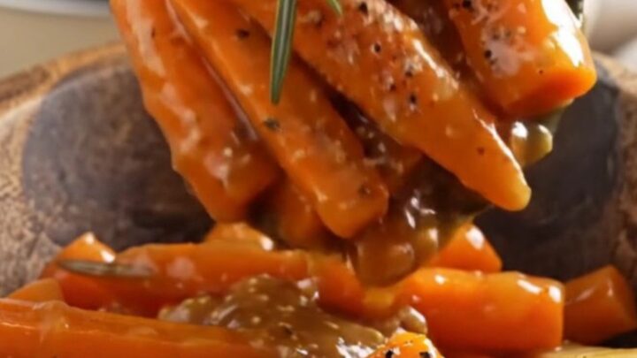 A rustic bowl filled with glossy, caramelized maple Dijon carrots and parsnips garnished with fresh rosemary.
