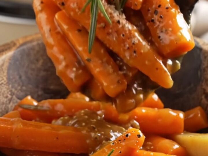 A rustic bowl filled with glossy, caramelized maple Dijon carrots and parsnips garnished with fresh rosemary.