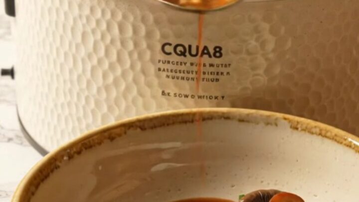 A close-up of tender, mahogany-colored mushrooms in a rich burgundy sauce inside a cream-colored crockpot.