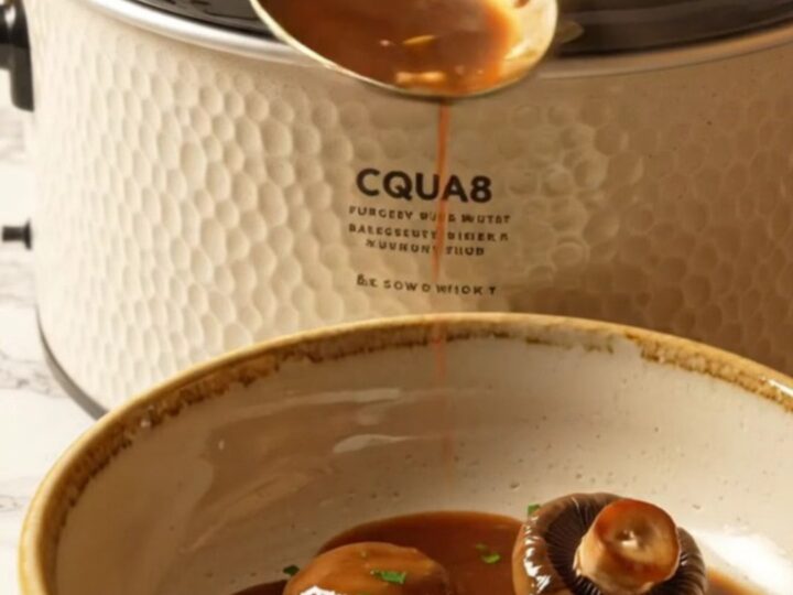 A close-up of tender, mahogany-colored mushrooms in a rich burgundy sauce inside a cream-colored crockpot.