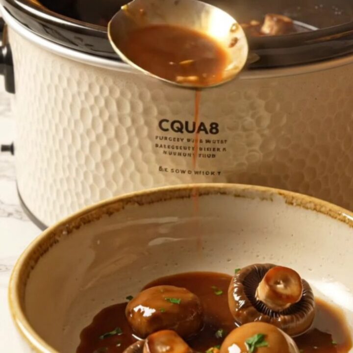 A close-up of tender, mahogany-colored mushrooms in a rich burgundy sauce inside a cream-colored crockpot.
