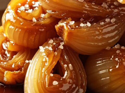 A warm platter of glossy, mahogany-glazed cipollini onions garnished with fresh thyme sprigs.