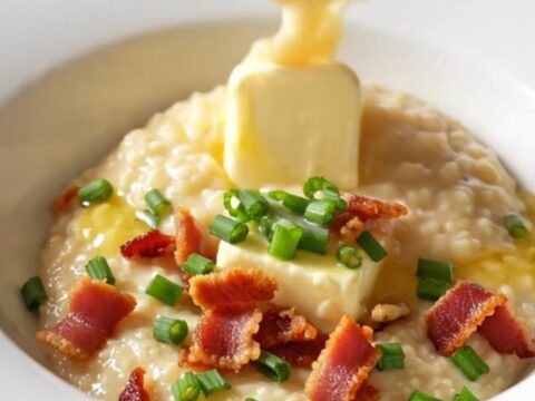 A close-up of creamy, thick cheddar grits served in a bowl, topped with melting butter, crispy bacon, and fresh chives.