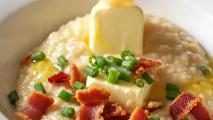 A close-up of creamy, thick cheddar grits served in a bowl, topped with melting butter, crispy bacon, and fresh chives.