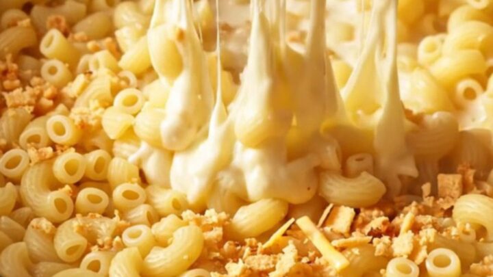 A close-up of a steaming bowl of five-cheese mac and cheese with a dramatic cheese pull.