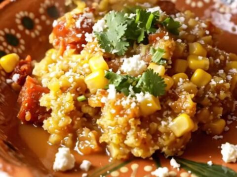 A ceramic slow cooker filled with golden cornbread dressing topped with fresh cilantro and cotija cheese.