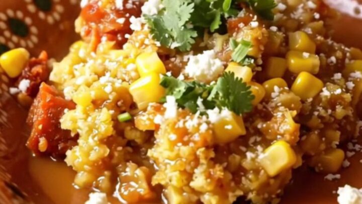 A ceramic slow cooker filled with golden cornbread dressing topped with fresh cilantro and cotija cheese.