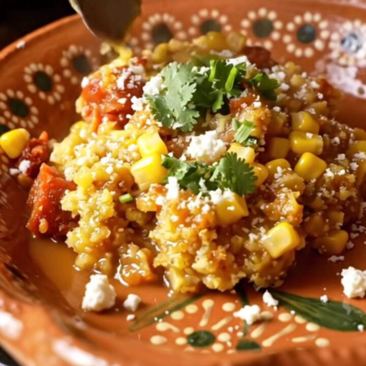 A ceramic slow cooker filled with golden cornbread dressing topped with fresh cilantro and cotija cheese.