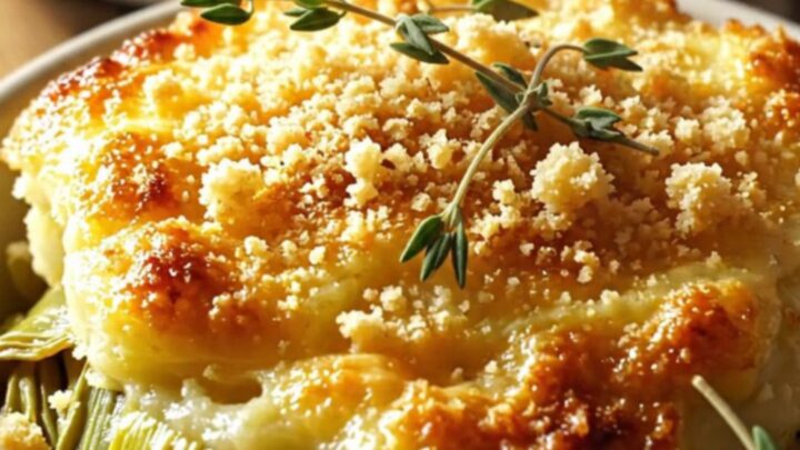 A close-up of a spoonful of creamy leek gratin with a golden cheese pull being lifted from a stoneware crockpot.